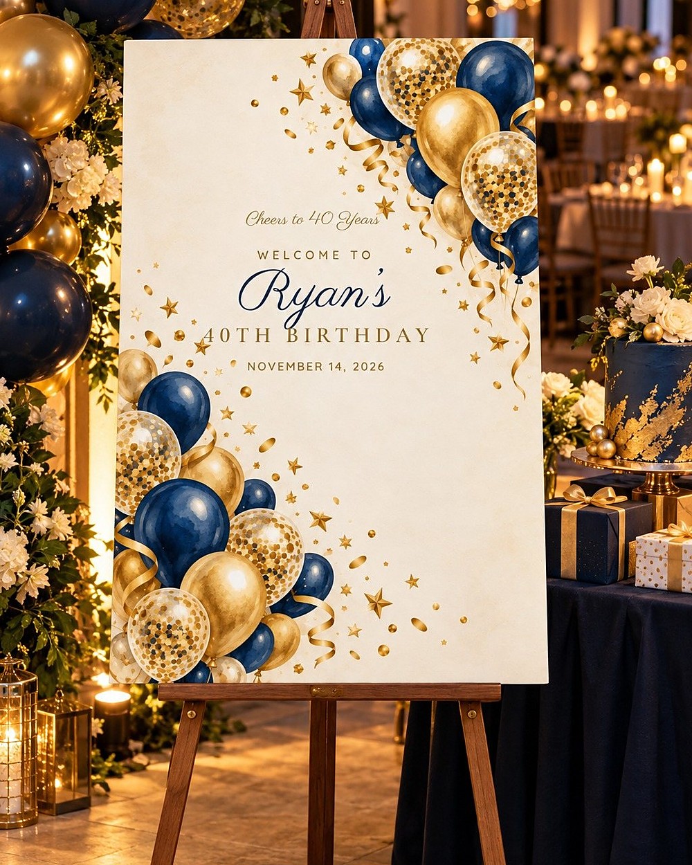 Cheers Navy Navy and Gold birthday welcome sign