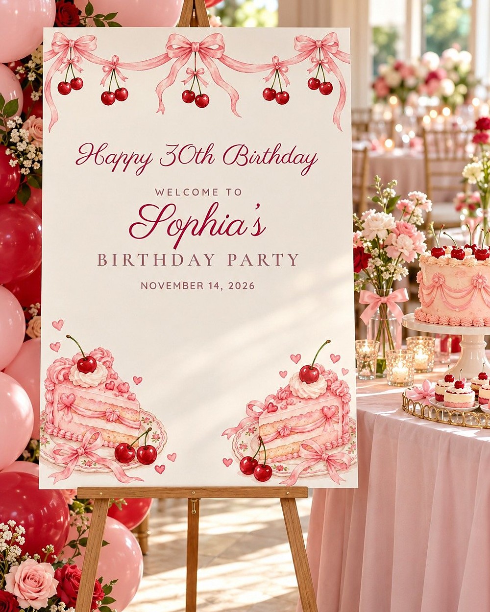 Vintage Cake Cherries and Bows birthday welcome sign