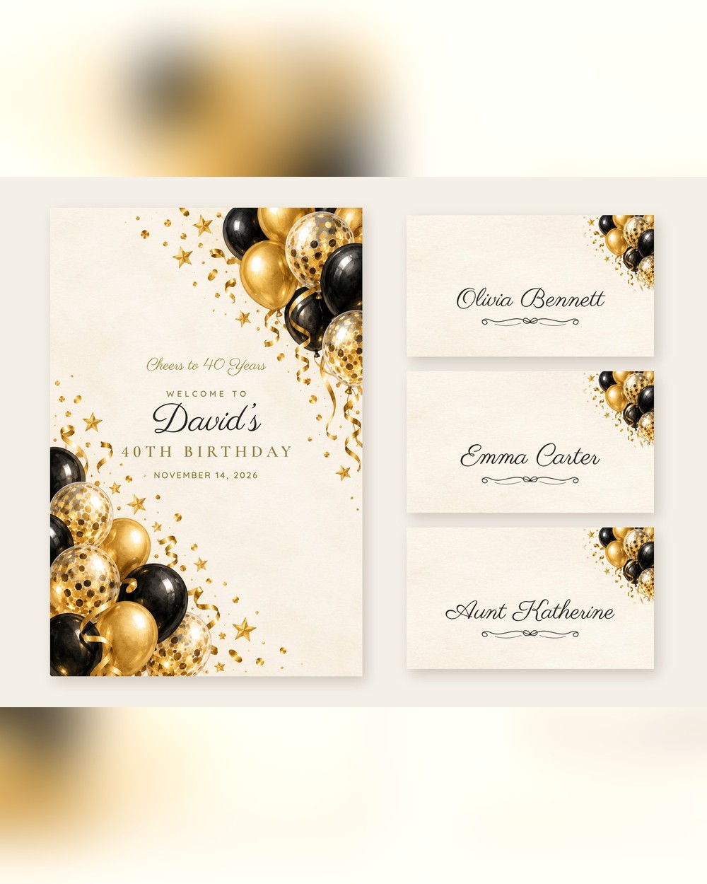 Cheers Gold Balloons welcome sign and name tents set