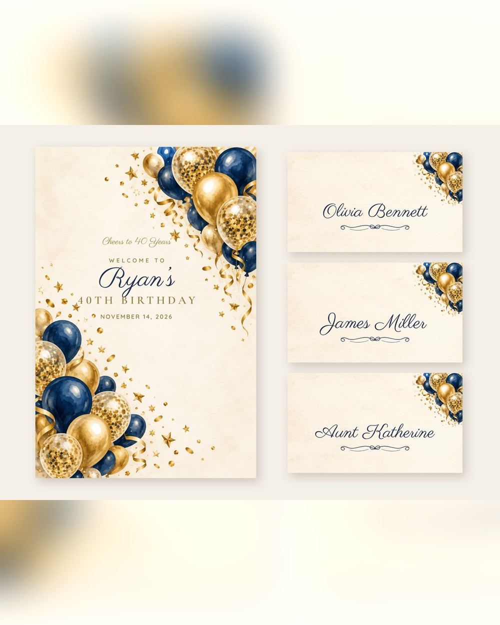 Cheers Navy Navy and Gold welcome sign and name tents set