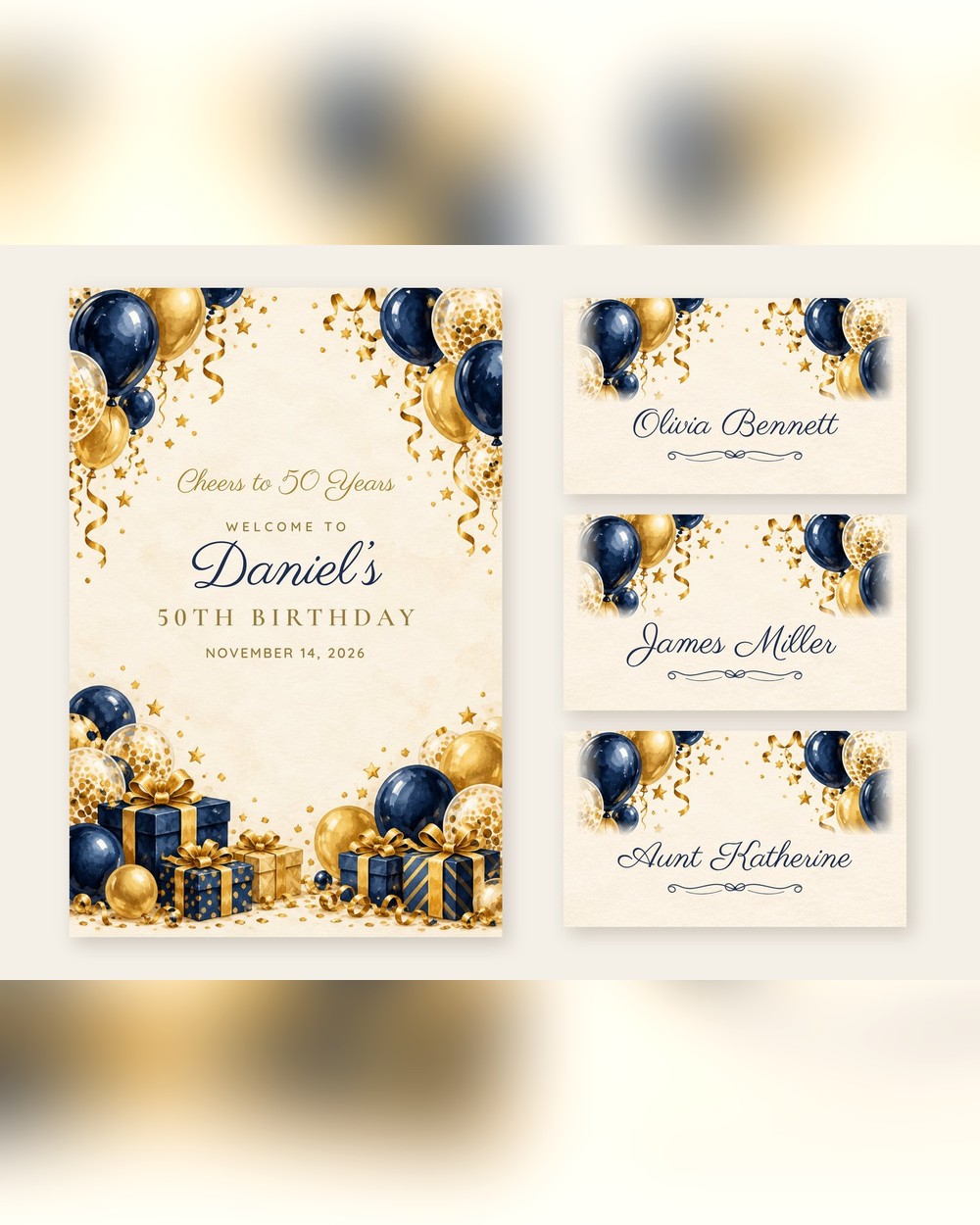 Cheers Navy Navy Balloons welcome sign and name tents set