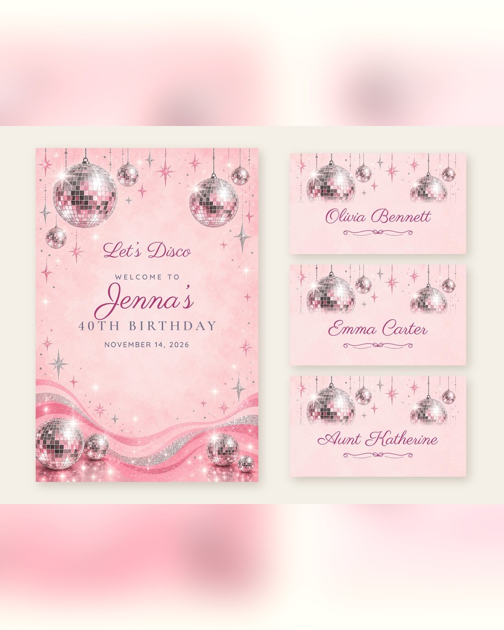 Disco Disco Ball welcome sign and name tents set
