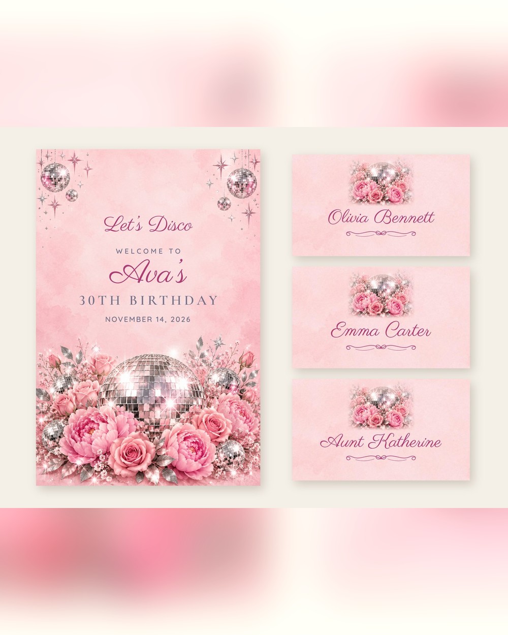 Disco Disco Roses welcome sign and name tents set