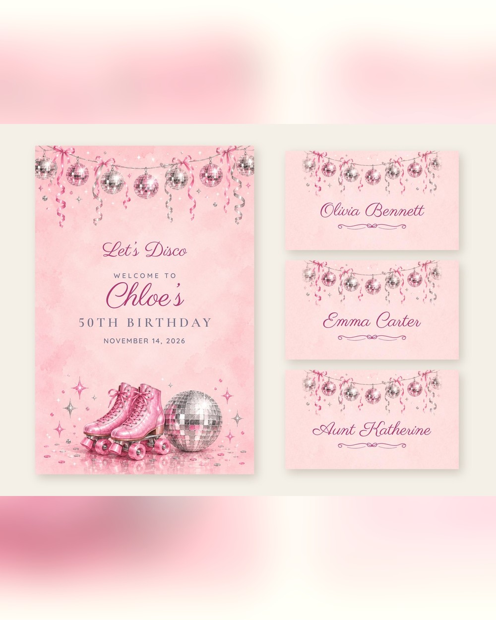 Disco Roller Skates welcome sign and name tents set