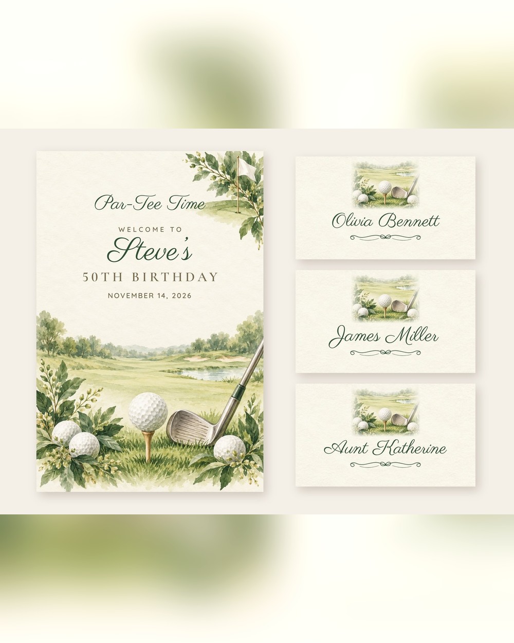 Par-Tee Time Ball and Tee welcome sign and name tents set