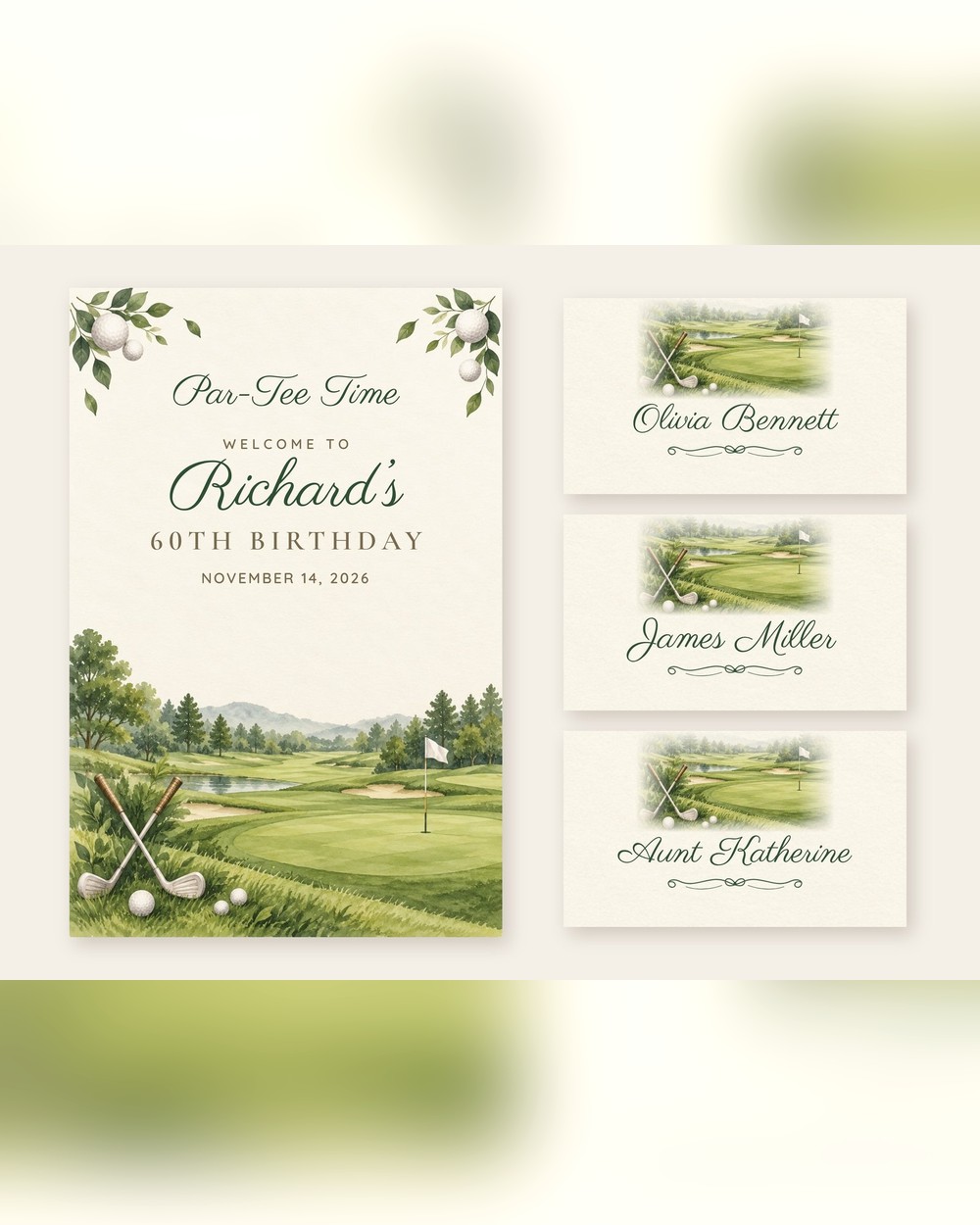 Par-Tee Time Golf welcome sign and name tents set