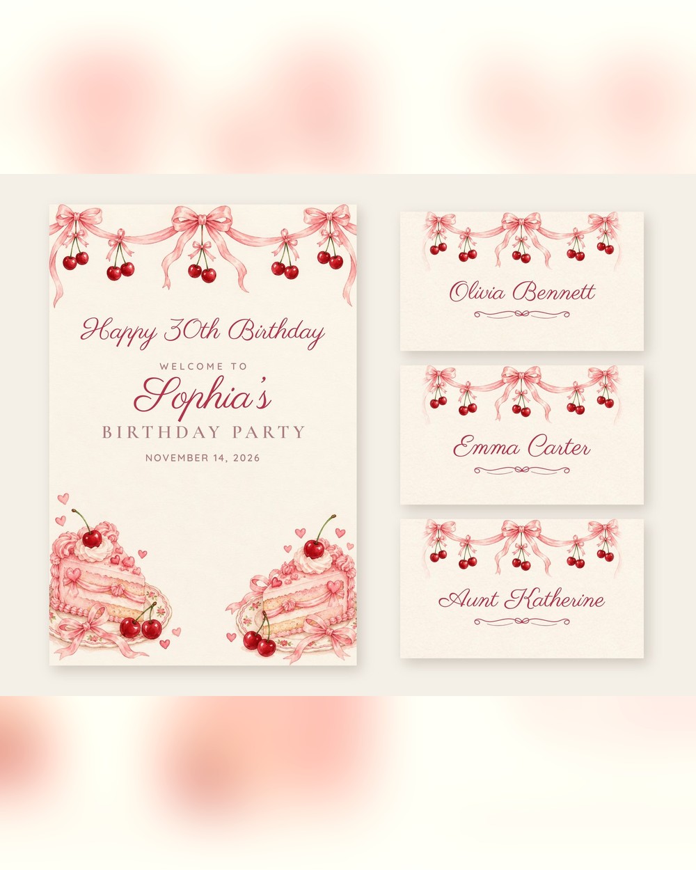 Vintage Cake Cherries and Bows welcome sign and name tents set