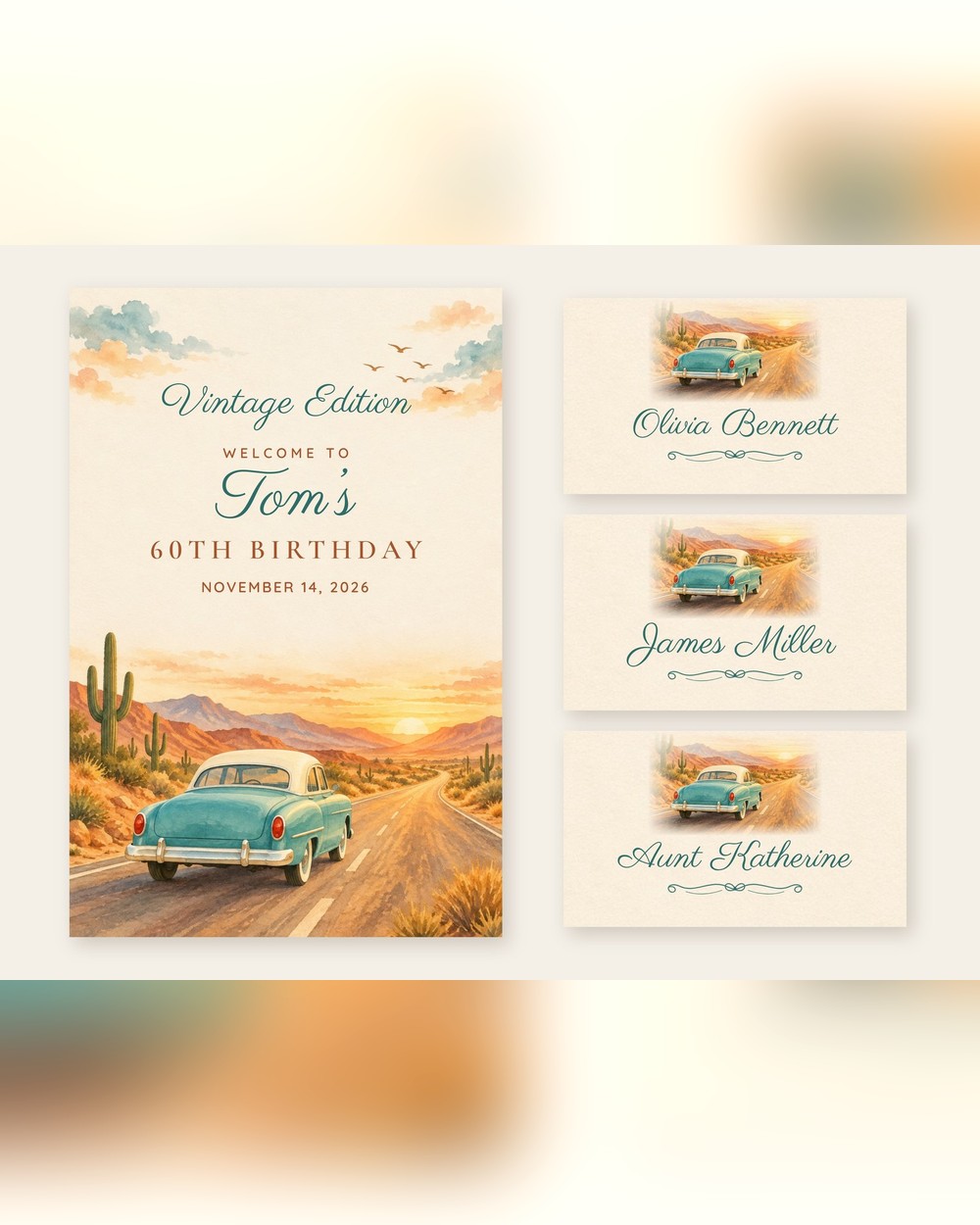 Vintage Edition Retro Car welcome sign and name tents set