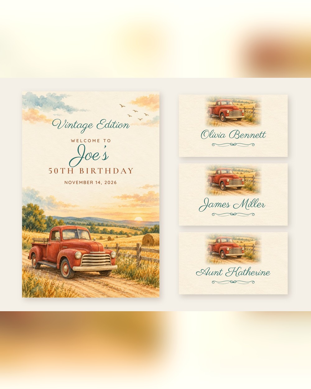 Vintage Edition Vintage Truck welcome sign and name tents set