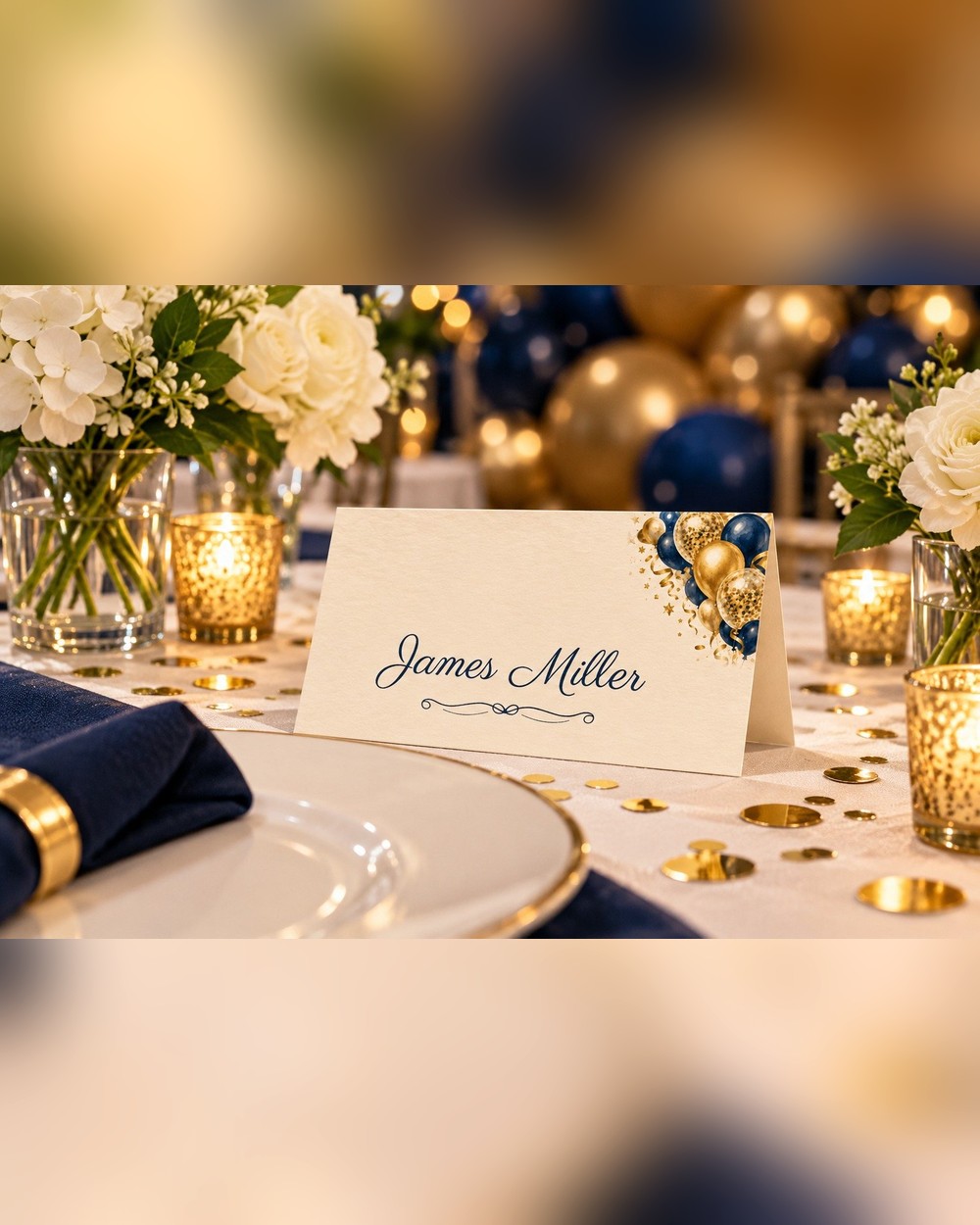 Cheers Navy Navy and Gold birthday name tents