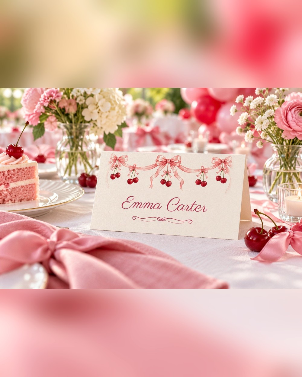 Vintage Cake Cherries and Bows birthday name tents