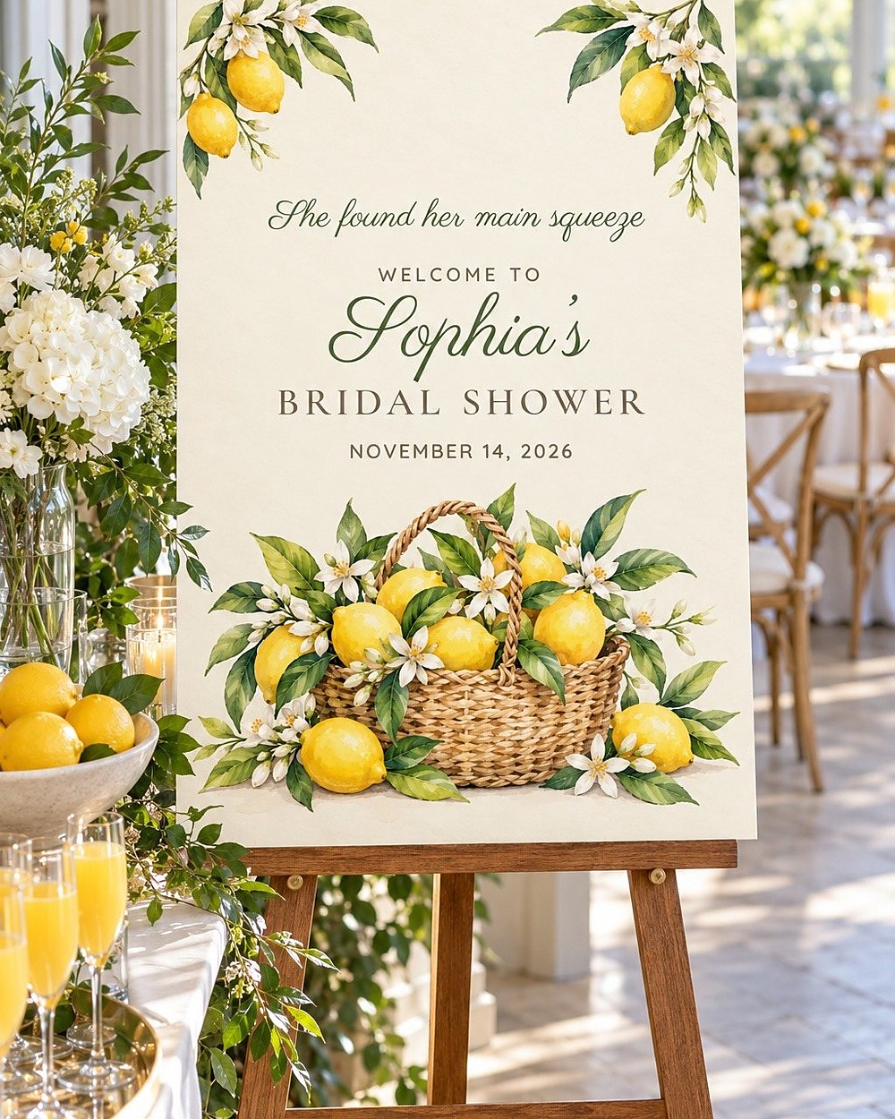Main Squeeze Lemon Basket bridal shower welcome sign