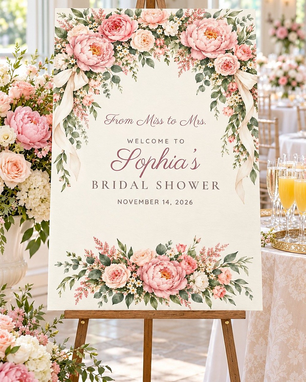 Miss to Mrs. Blush Peony bridal shower welcome sign