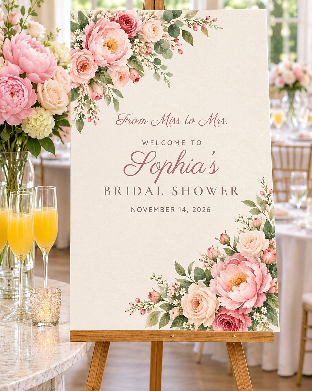 Miss to Mrs. Peony Corner bridal shower welcome sign