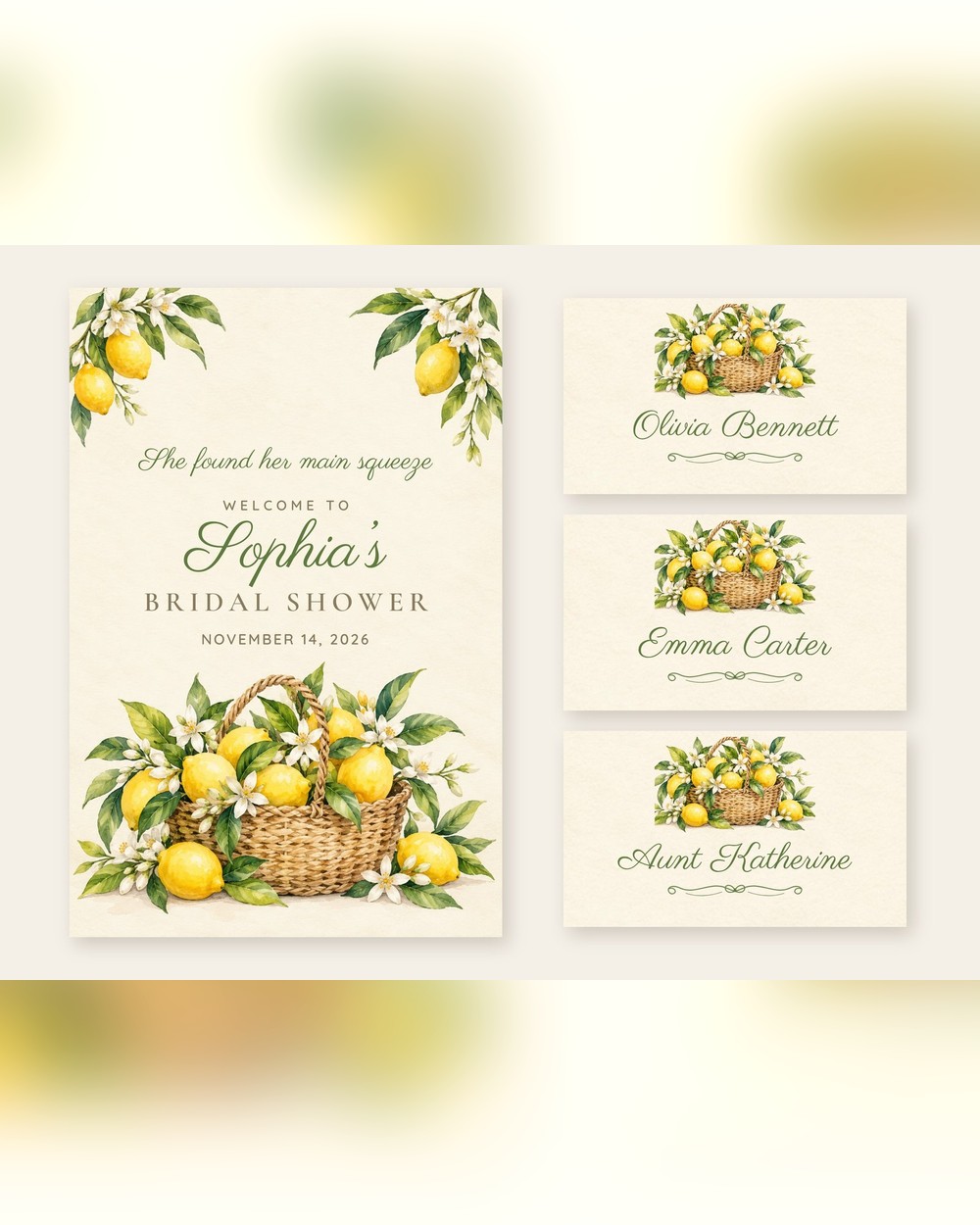 Main Squeeze Lemon Basket welcome sign and name tents set