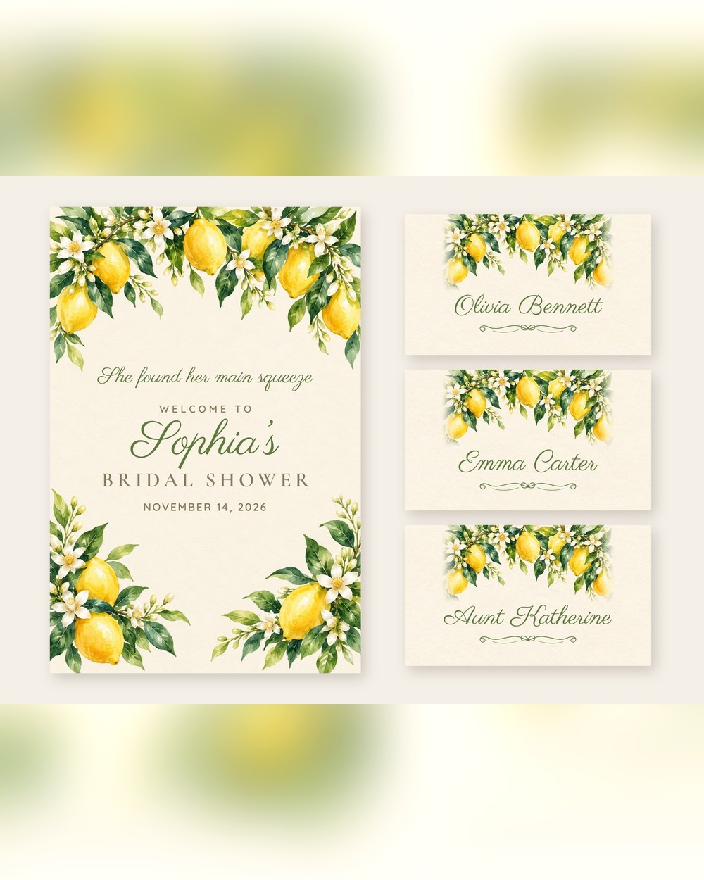 Main Squeeze Lemon Blossom welcome sign and name tents set
