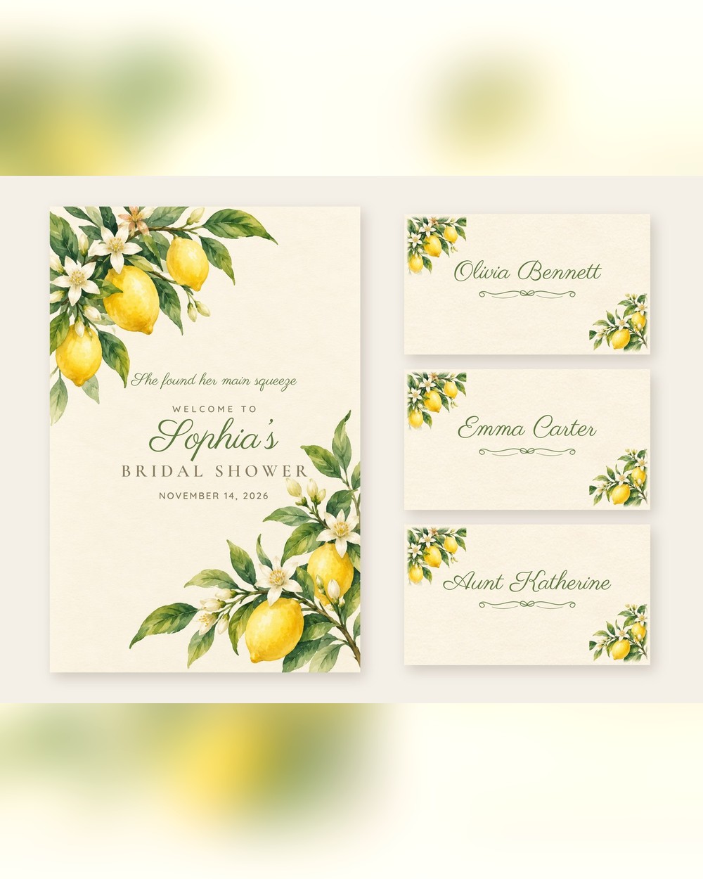 Main Squeeze Lemon Branch welcome sign and name tents set