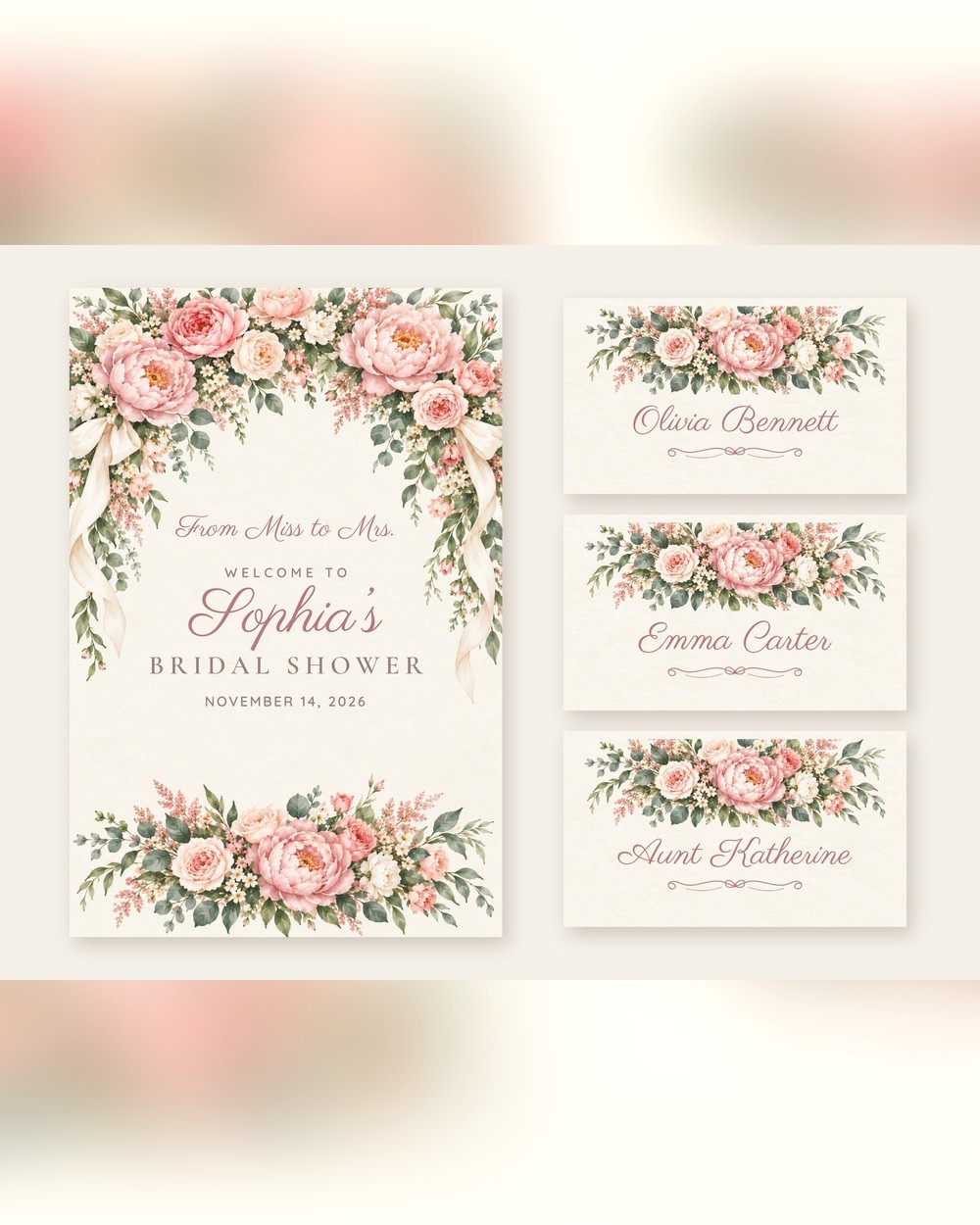 Miss to Mrs. Blush Peony welcome sign and name tents set