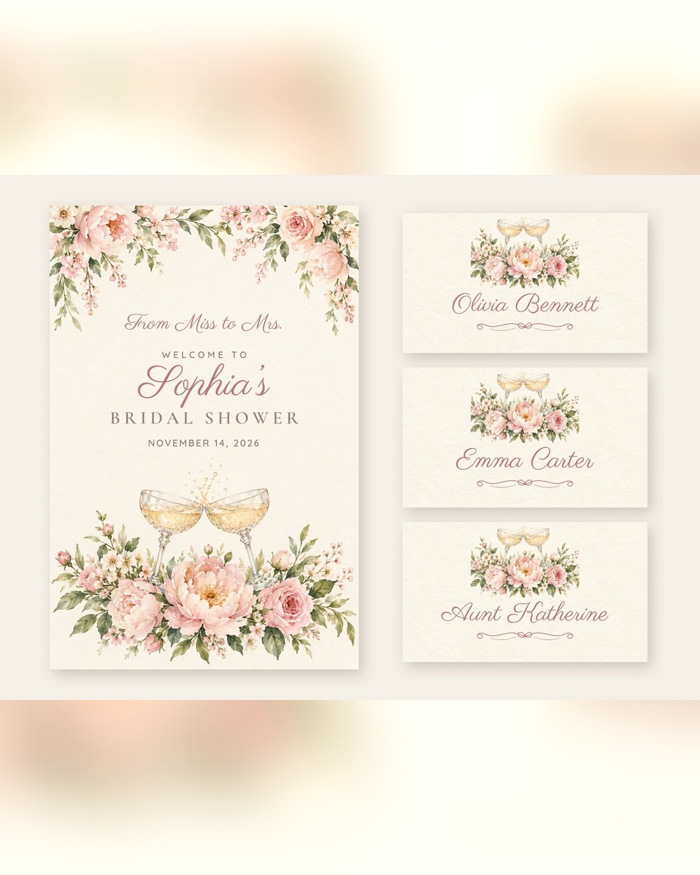 Miss to Mrs. Champagne Toast welcome sign and name tents set