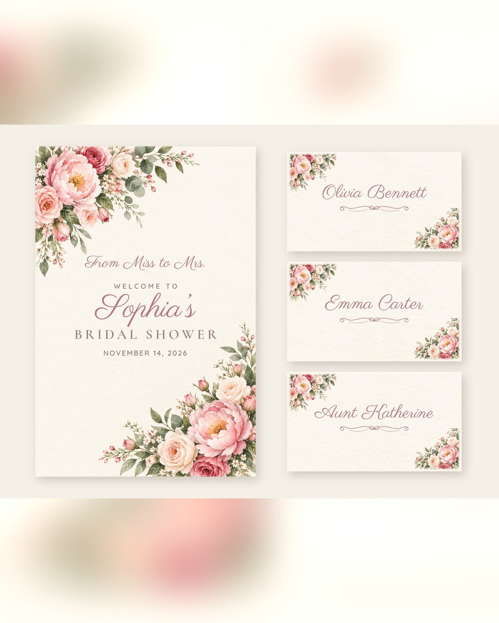 Miss to Mrs. Peony Corner welcome sign and name tents set