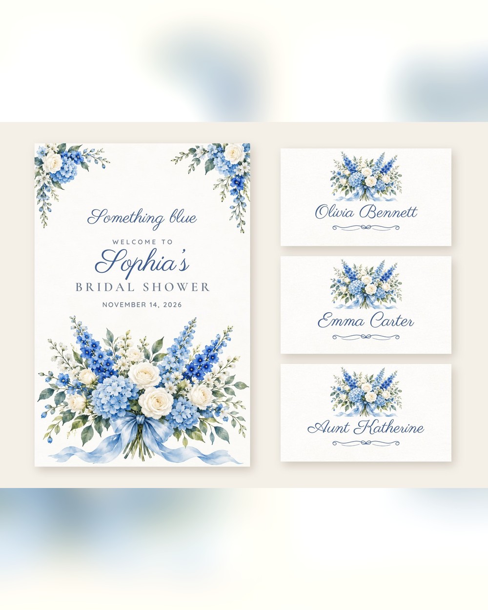 Something Blue Blue Bouquet welcome sign and name tents set