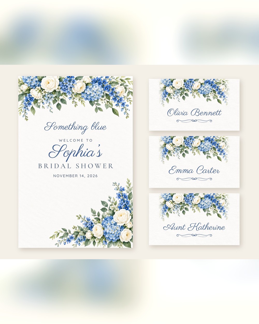 Something Blue Blue Hydrangea welcome sign and name tents set