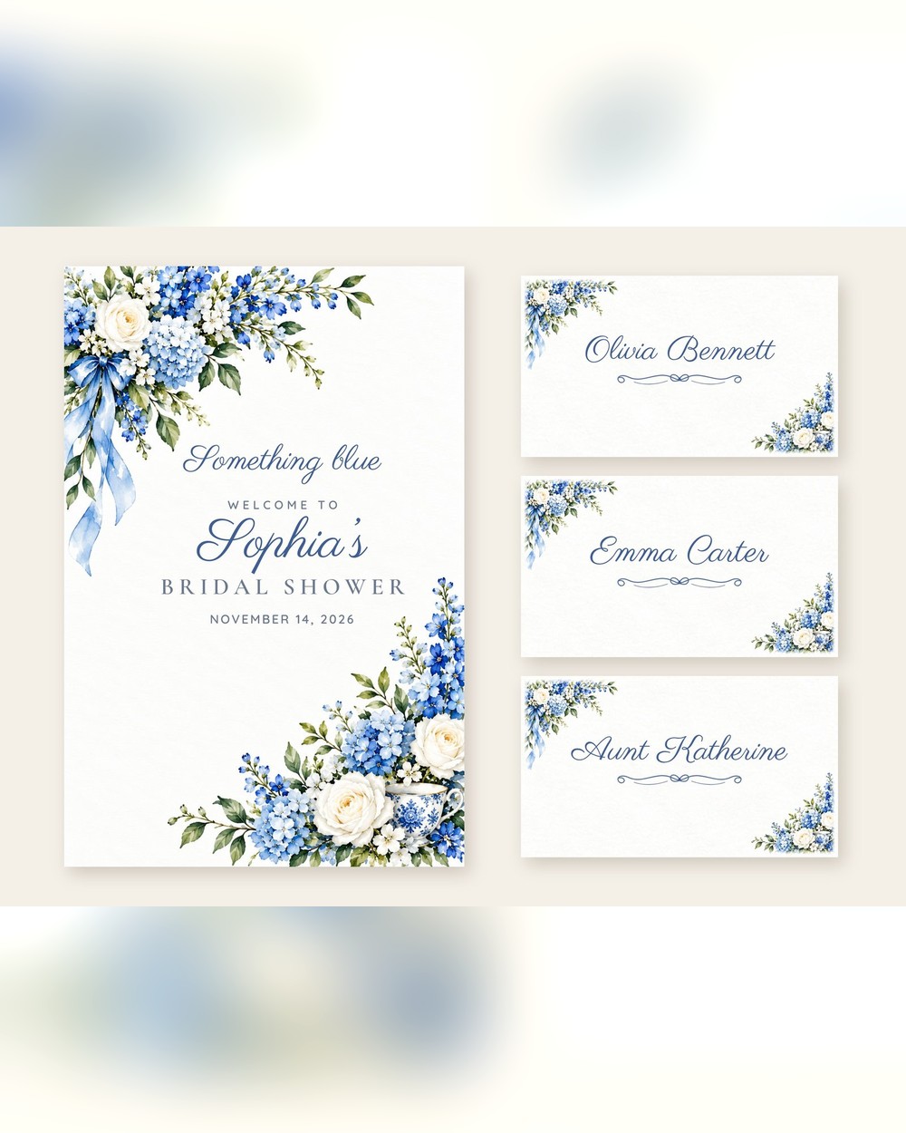 Something Blue Blue Ribbon welcome sign and name tents set