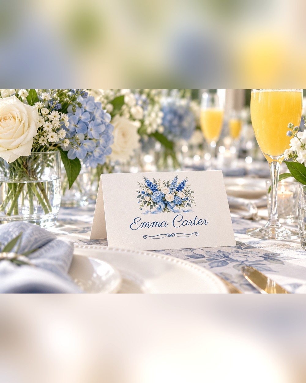 Something Blue Blue Bouquet bridal shower name tents