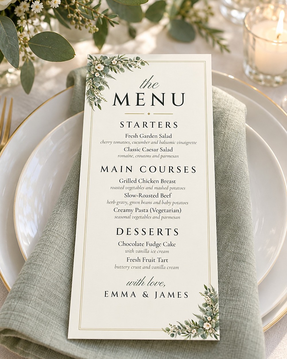 Greenery dinner menu