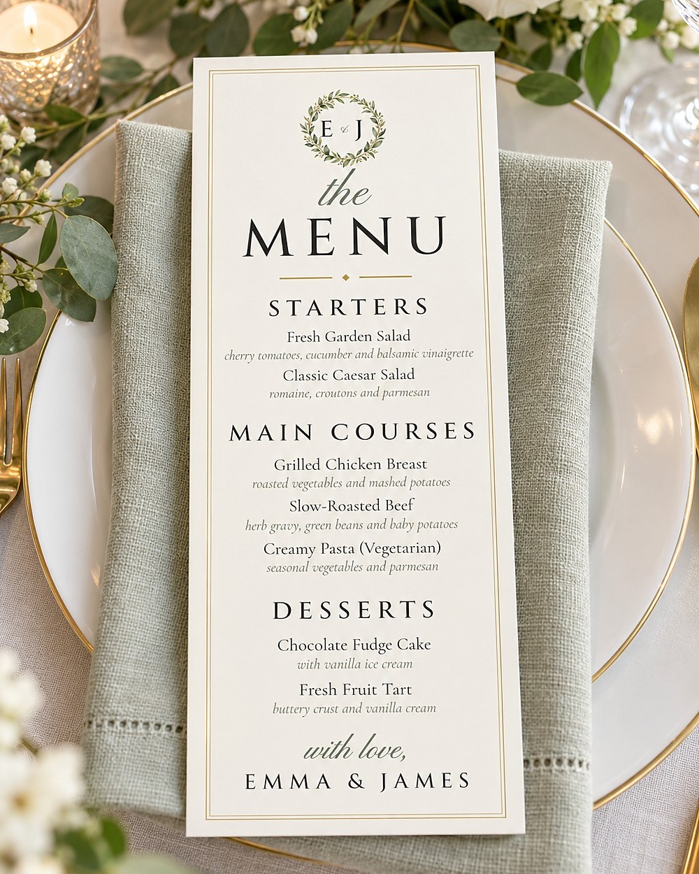 Monogram dinner menu