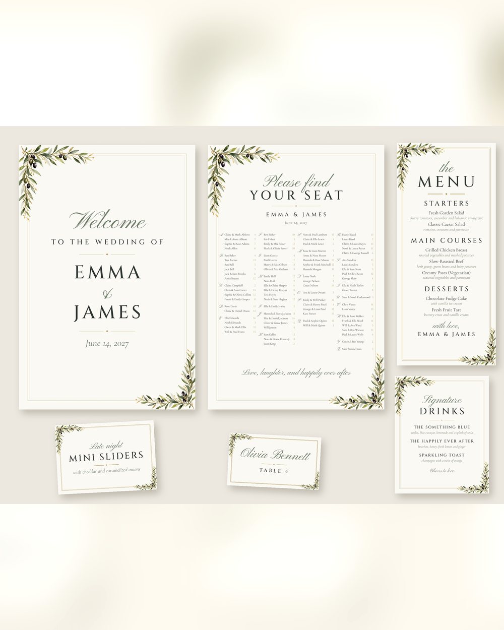 The full Olive Branch wedding set