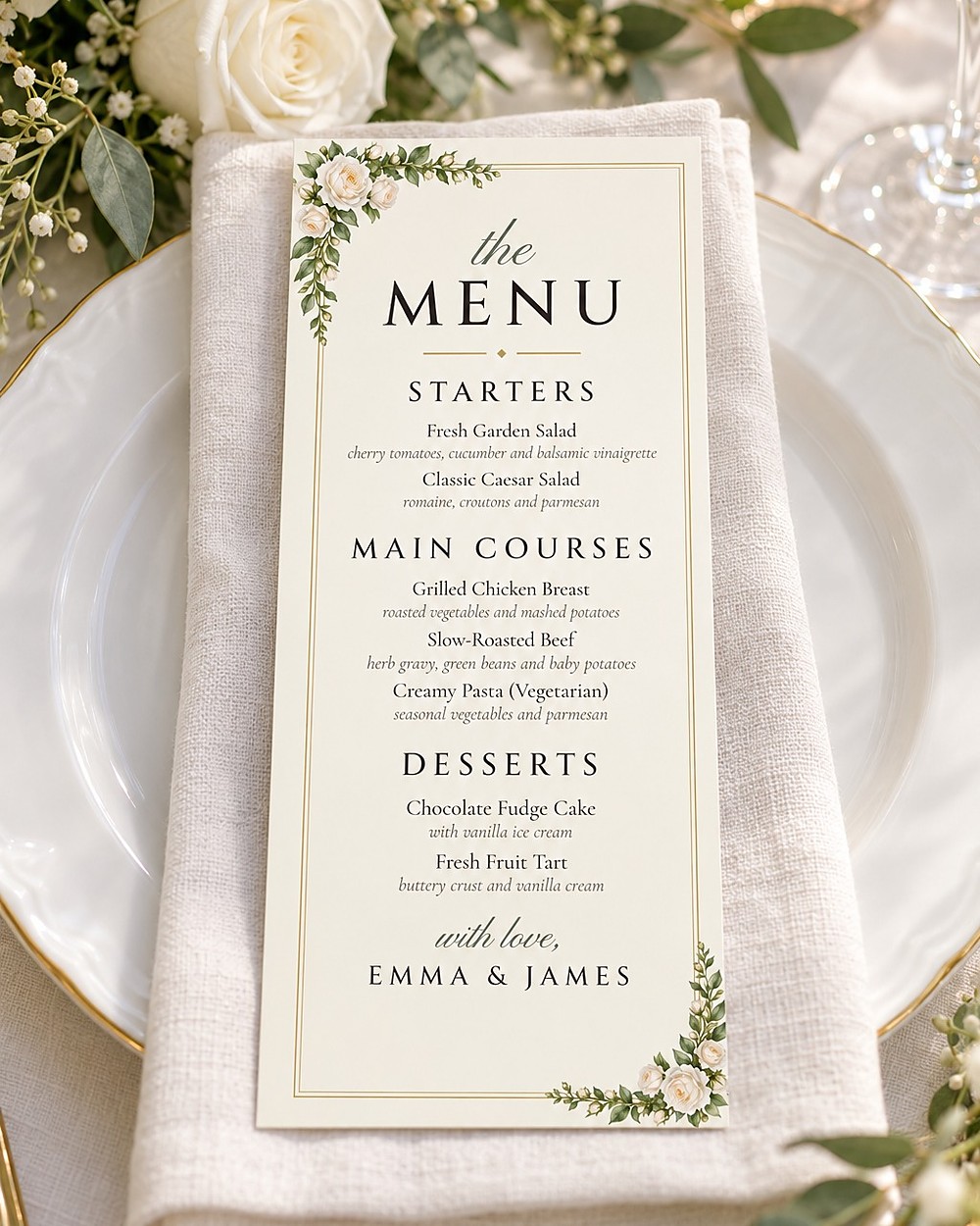 White Roses dinner menu