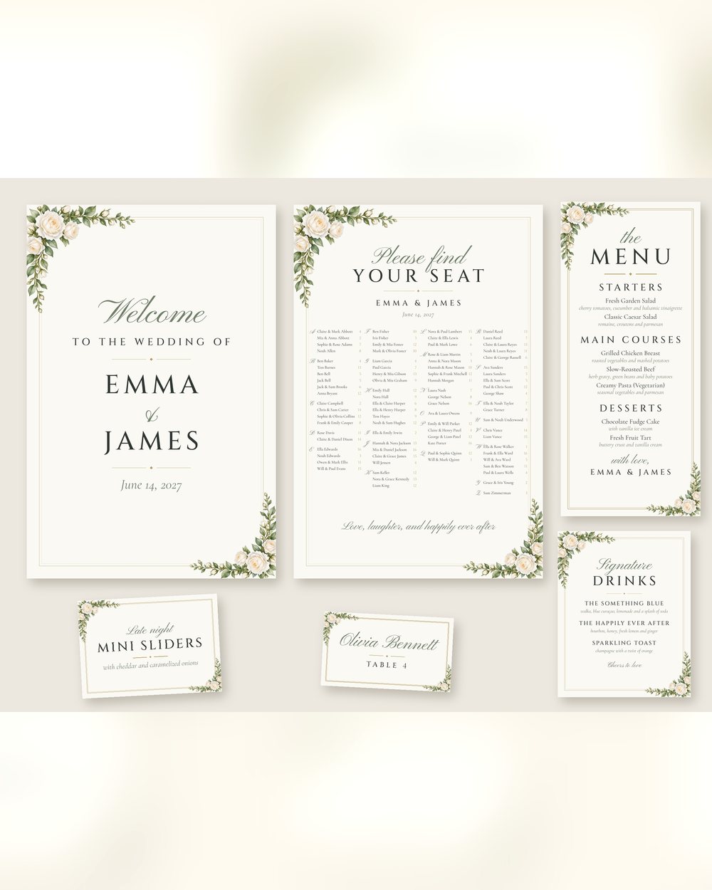 The full White Roses wedding set