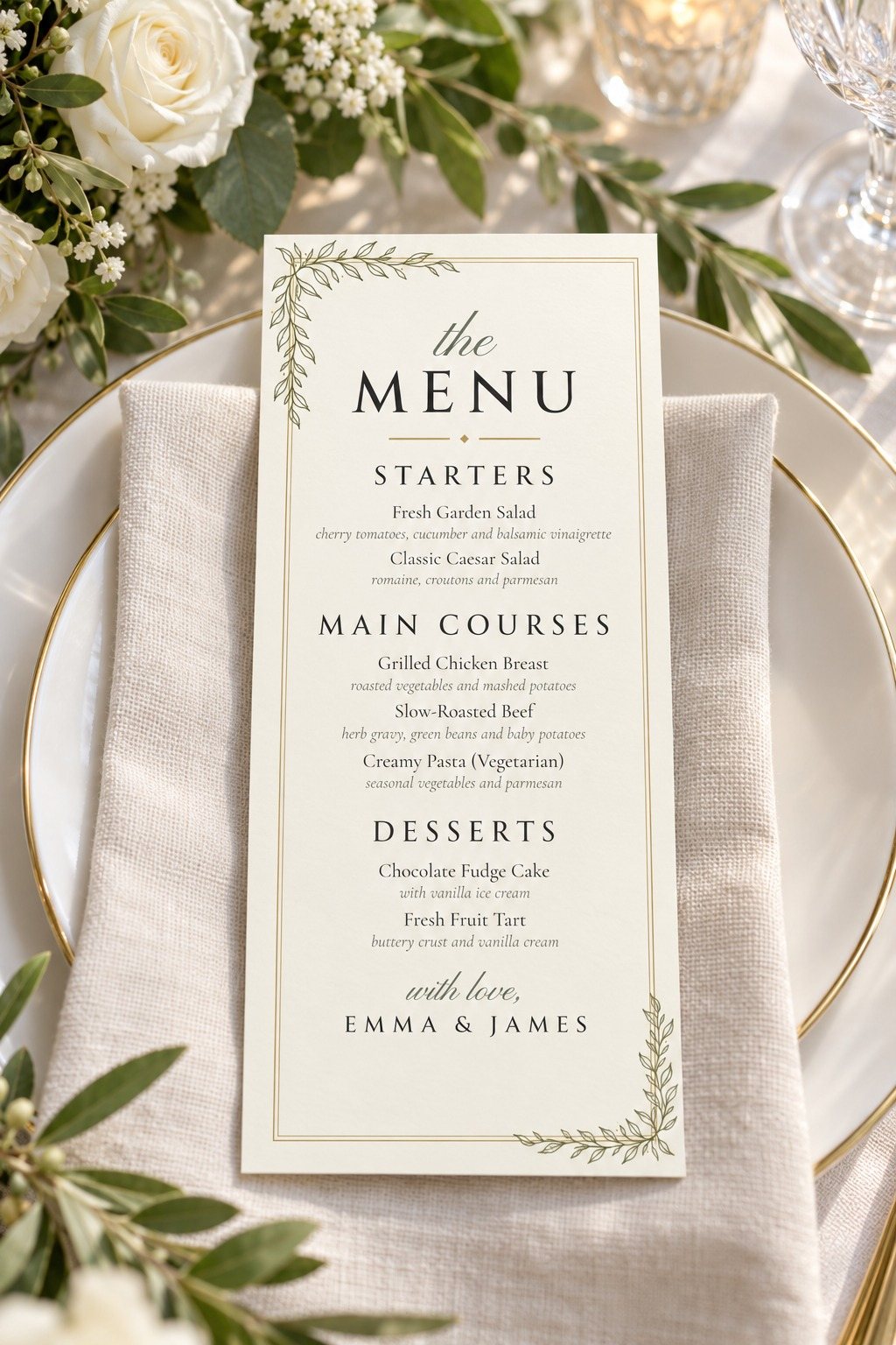 Line Art dinner menu on a place setting