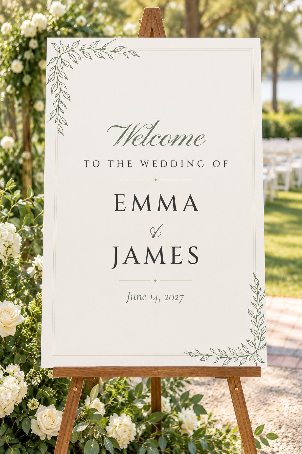 Line Art welcome sign on an easel at a wedding entrance