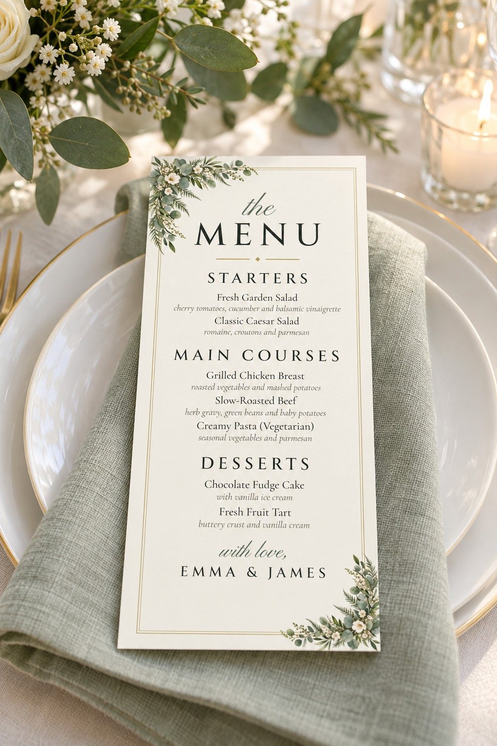 Greenery dinner menu on a place setting
