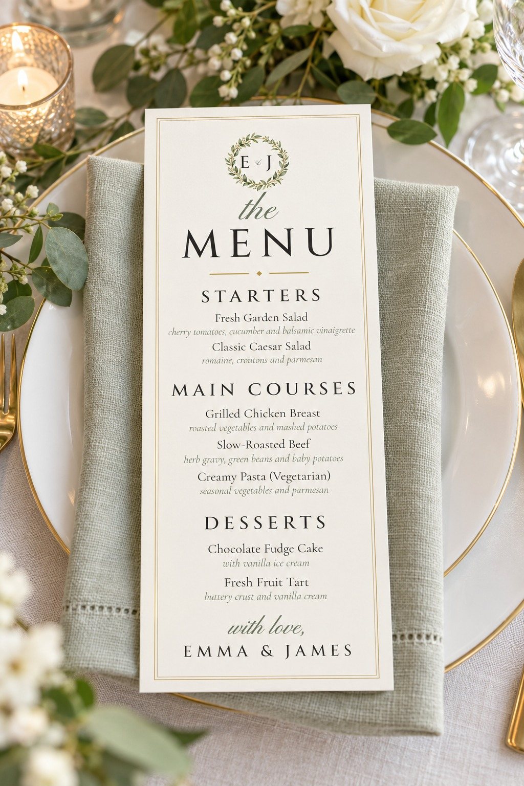 Monogram dinner menu on a place setting