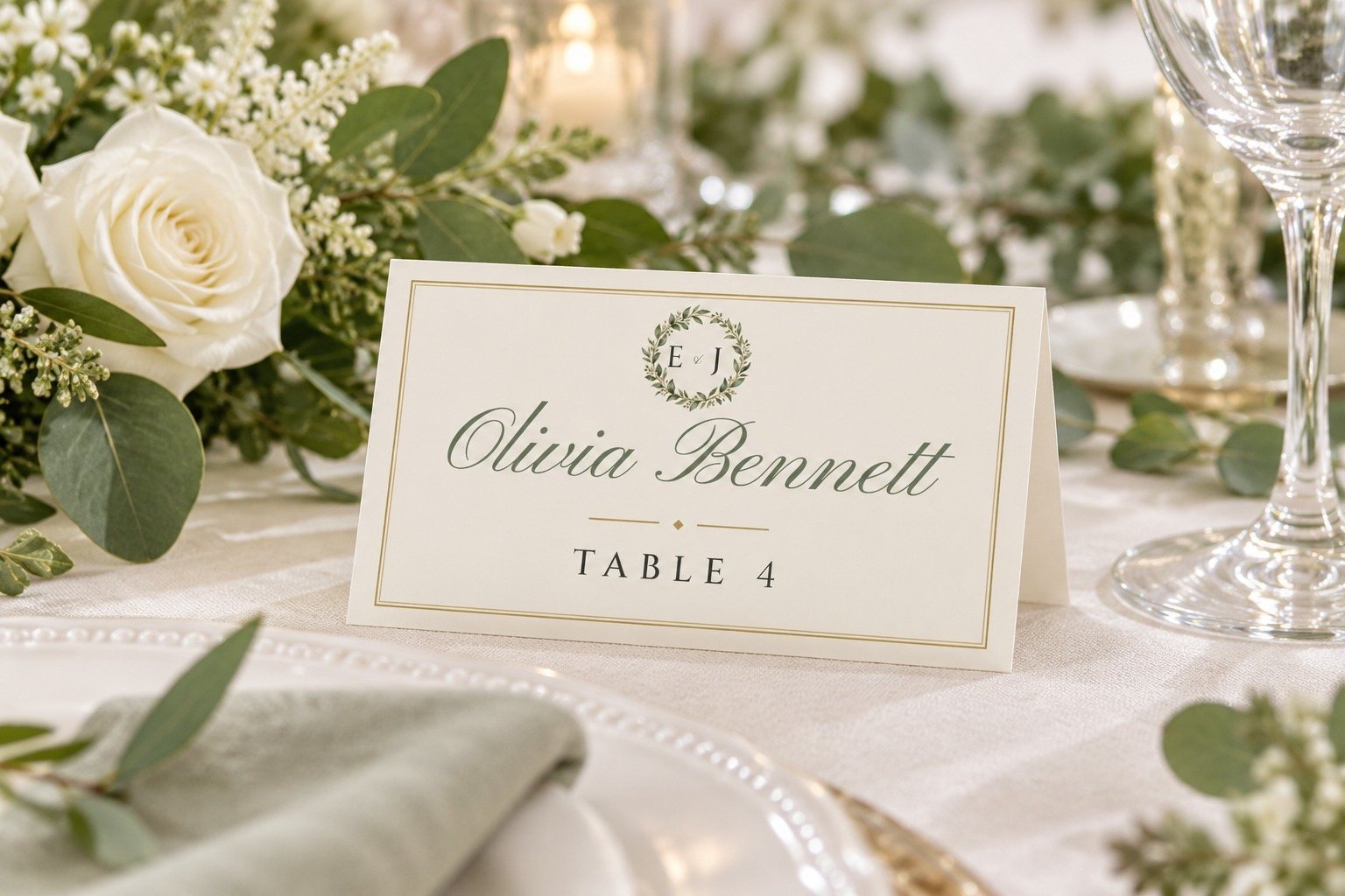 Monogram name tent on a dinner table