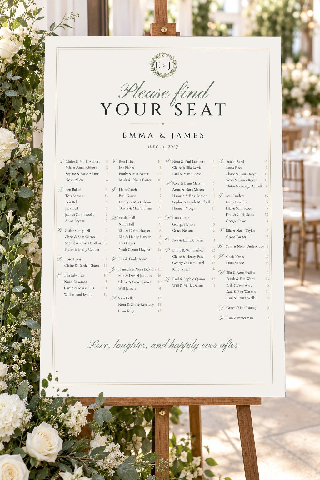 Monogram seating chart at a wedding reception