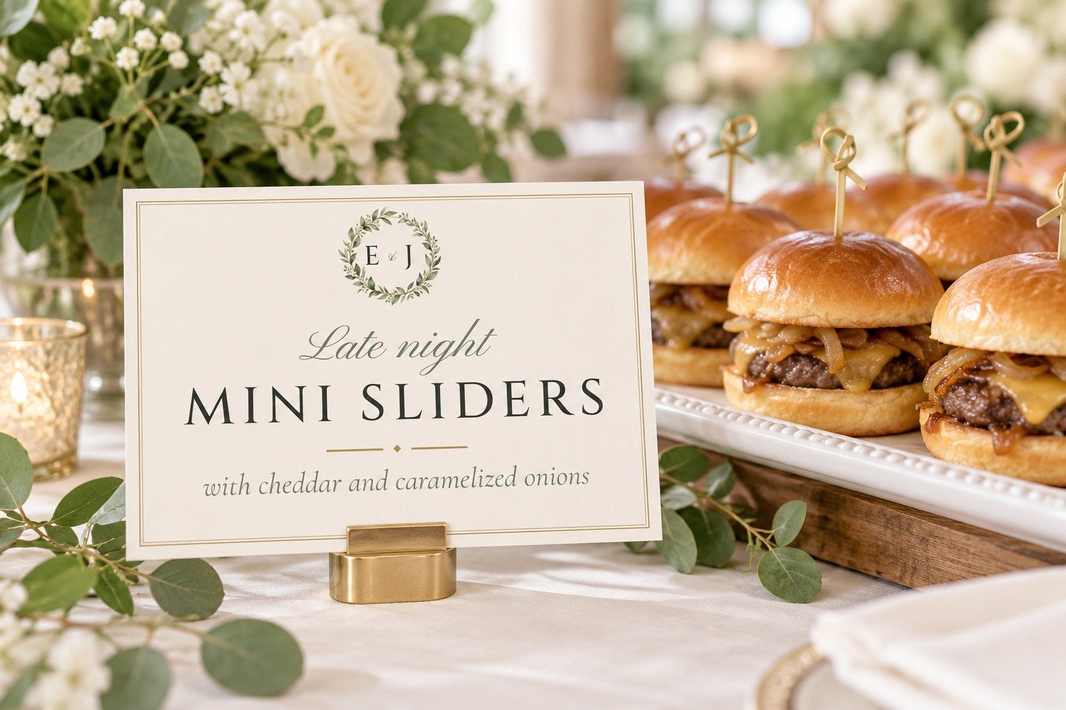 Monogram snack tag beside late-night sliders
