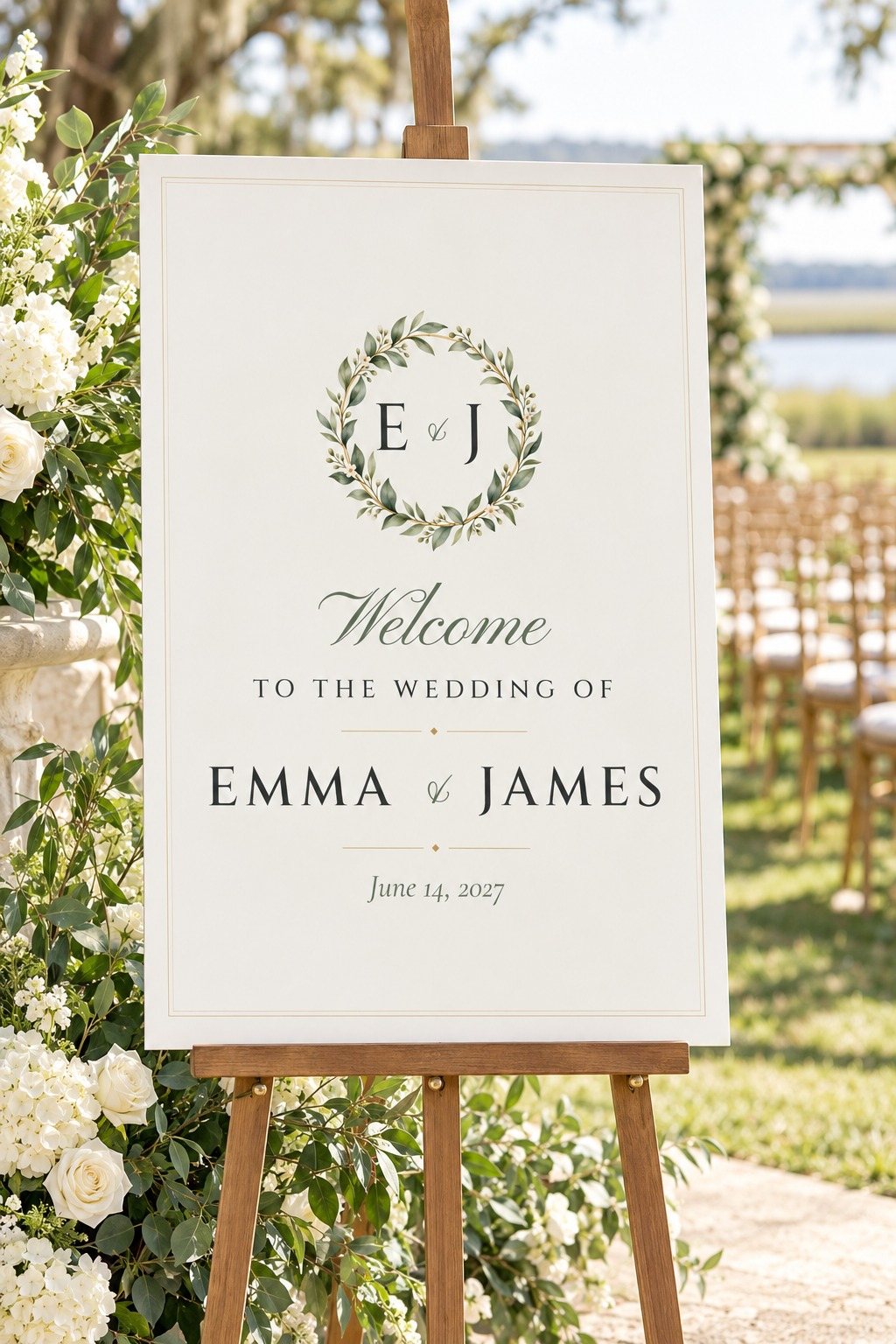 Monogram welcome sign on an easel at a wedding entrance
