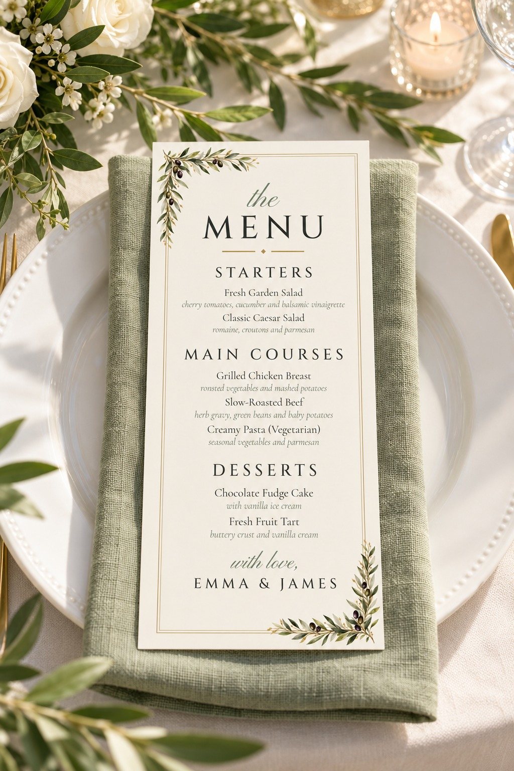 Olive Branch dinner menu on a place setting