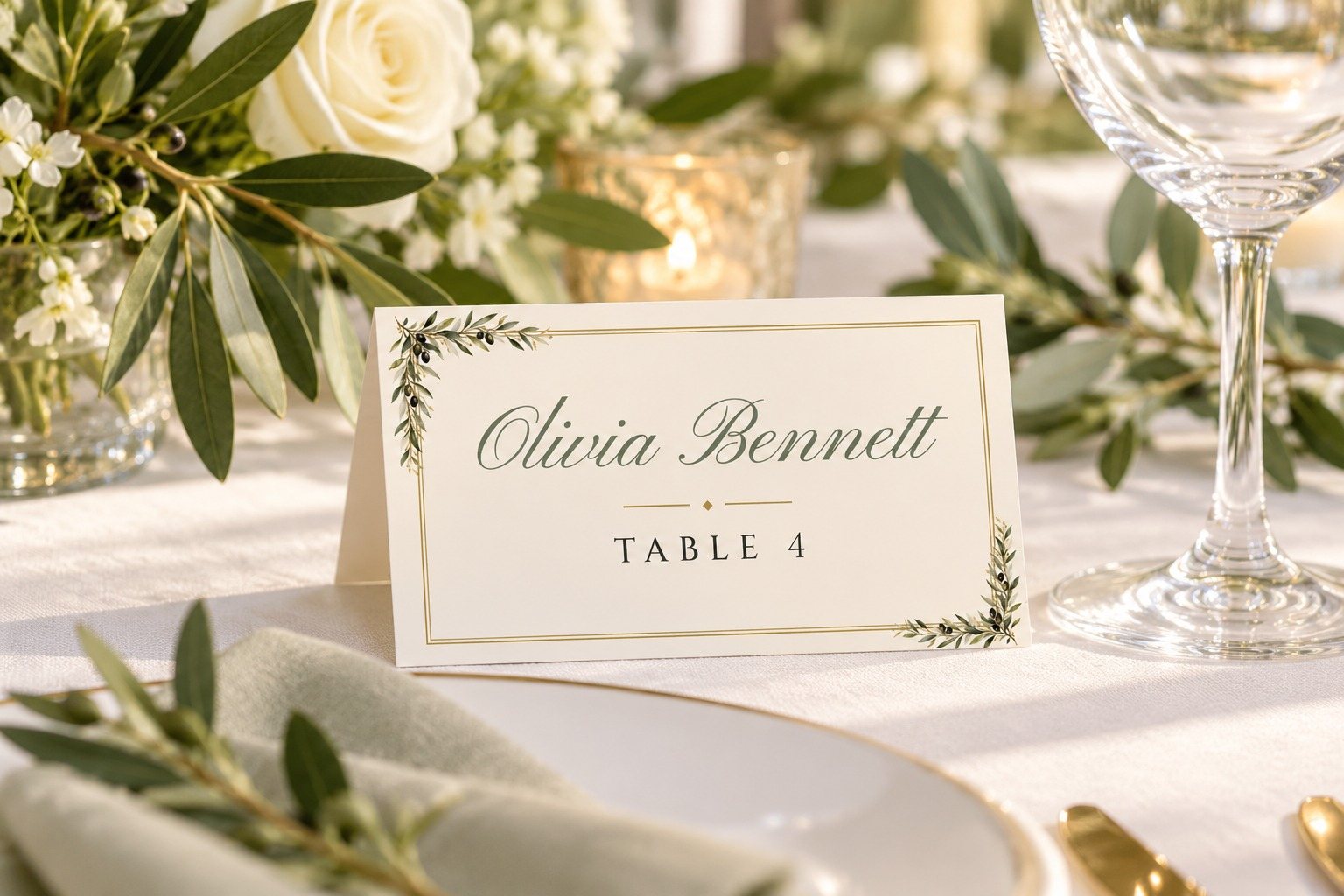 Olive Branch name tent on a dinner table