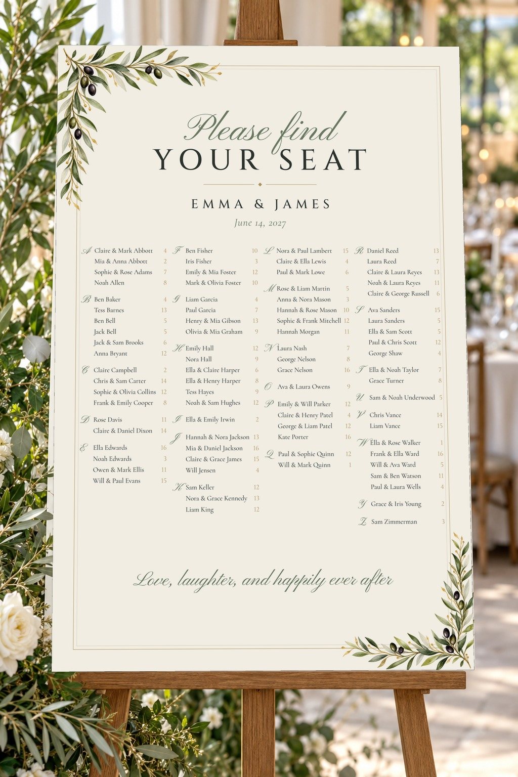 Olive Branch seating chart at a wedding reception