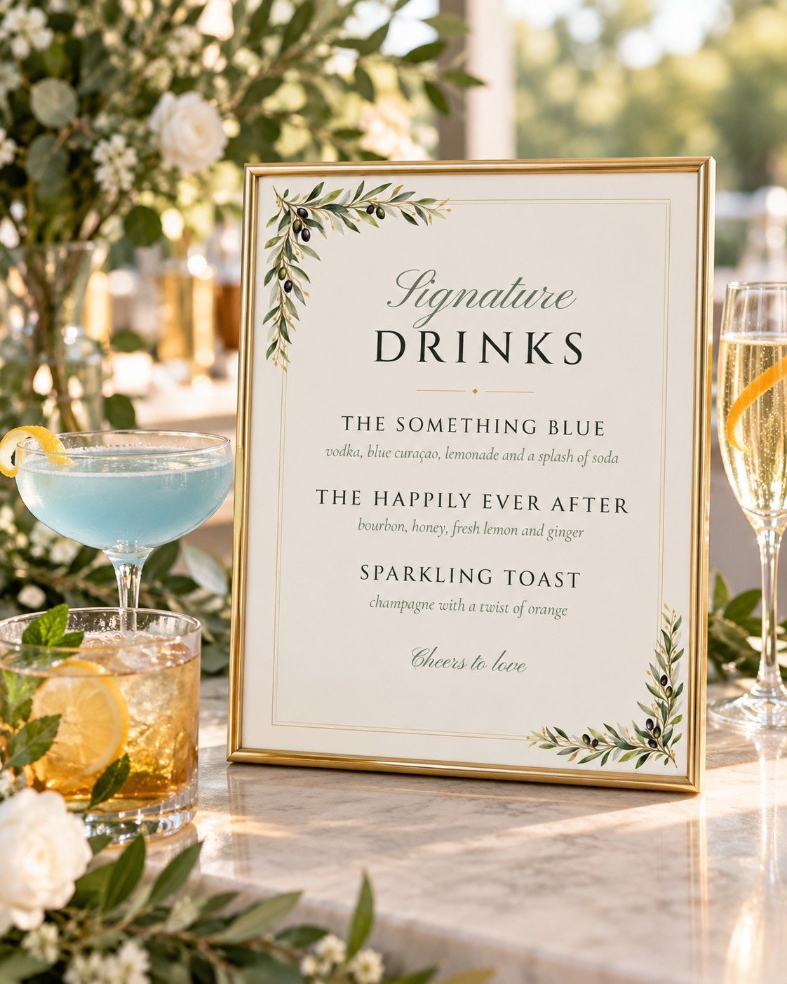 Olive Branch signature drinks sign at the bar