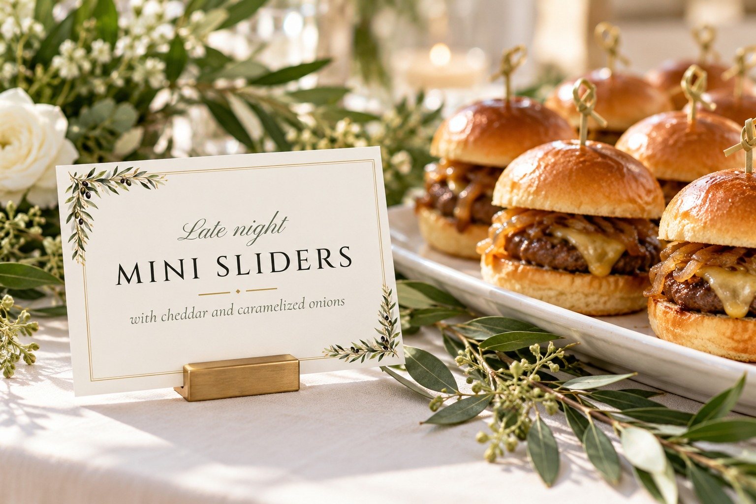 Olive Branch snack tag beside late-night sliders