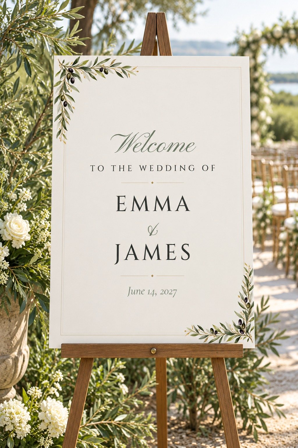 Olive Branch welcome sign on an easel at a wedding entrance