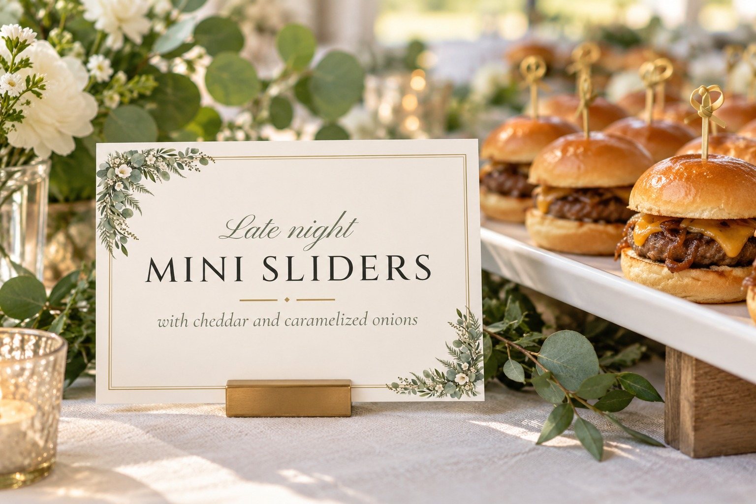 Greenery snack tag beside late-night sliders