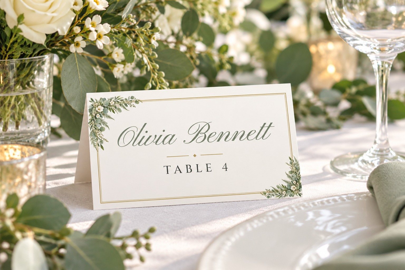 Greenery name tent on a dinner table