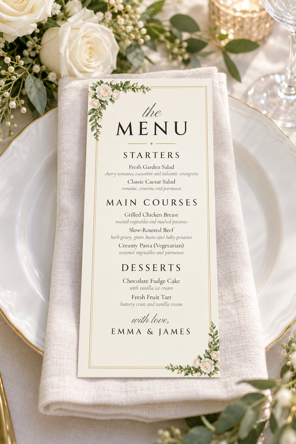 White Roses dinner menu on a place setting